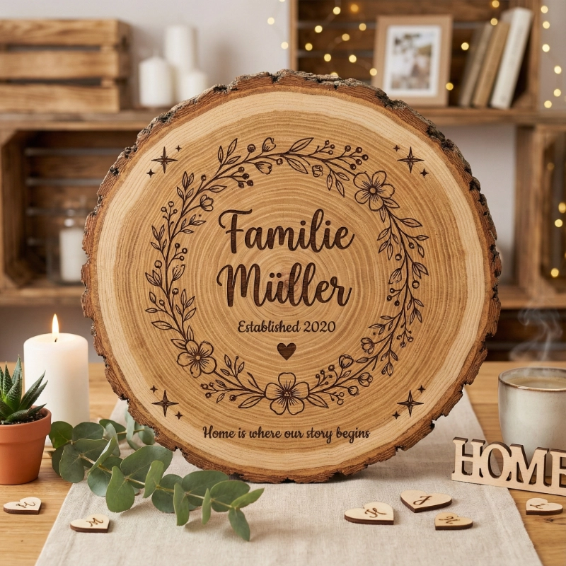 Personalisierte Baumscheibe mit Lasergravur | 10-18 cm Esche – Bild 2